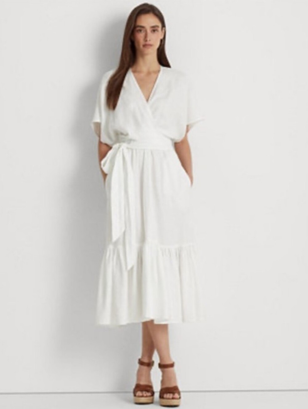 Lauren Ralph Lauren 100% Linen Wrap Midi Dress White Belted Tiered Womens Size 8